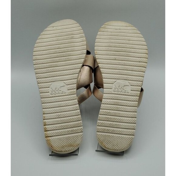Sorel Ella Women Slide Natural Tan Gold Leather Sz 9 Strappy Criss Cross Straps - Picture 11 of 12